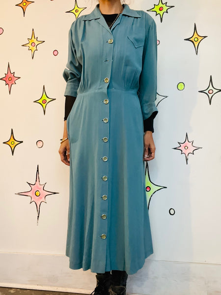 1940s Blue Secretary Dress True Vintage Boho Grunge - Historical Fashion - M L