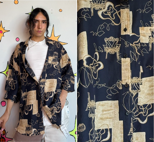 Vintage 90s Abstract Silk Shirt | Artsy Whimsy Goth Wearable Art Button Up L