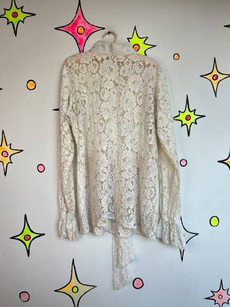Vintage 70s White Sheer Lace Rococo Babydoll Grunge Boho Bow Neck Top Blouse | L