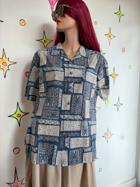 Blue & Khaki Hawaiian Souvenir Tiki Aloha Party Shirt Oversized Boxy Cotton M