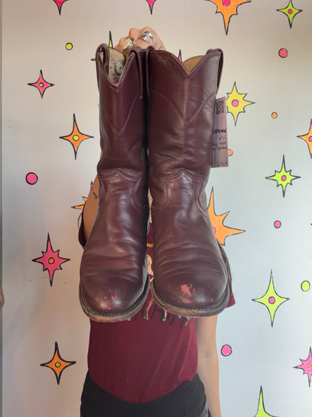 Vintage Justin Burgundy Leather Cowboy Boots Western Roper Cowgirl Boots 7.5A