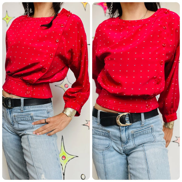 Vintage 80s Pink Rainbow Polka Dot Hearts Blouse | Academia Office Charm Top | S