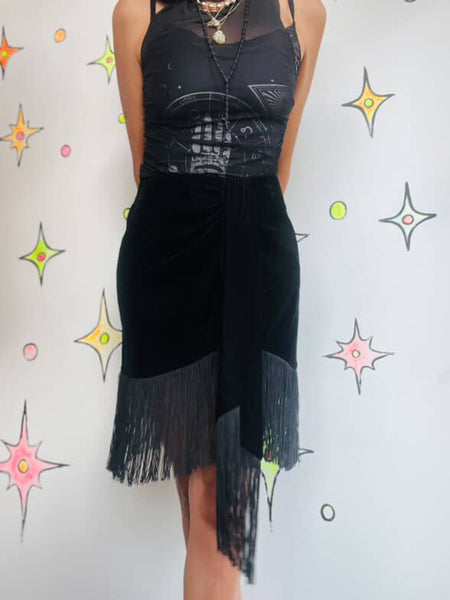 Y2K Meets 20s Black Velvet Fringe Skirt - Flapper Goth Whimsy - ZARA Size S
