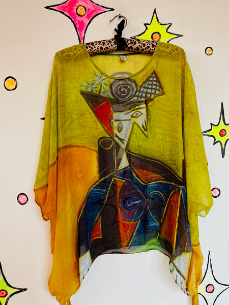 Wearable Art 100% Silk Picasso Cubism Sheer Blouse Gothic Avant-Garde - One Size