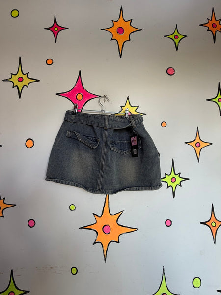Y2K Denim Utility Mini Skirt - Cyber Grunge Mall Goth Indie Sleaze Alt Girl M
