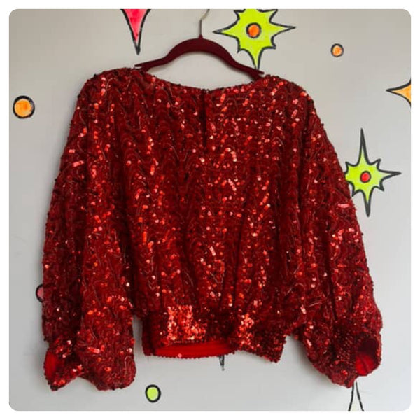 Vintage 70s 80s Red Sequin Disco Glam Clown Dolman Sleeve Blouse Top Free Size