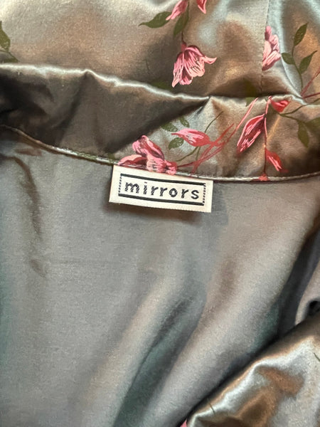 Vintage 90s Satin Floral Button Up Shirt Silver and Purple Fairy Grunge Blouse M