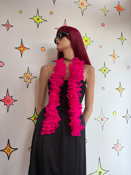 Y2K Hot Pink Barbie Scrunch Scarf Cabbagecore Fairy Grunge Crochet Ruffle Boa