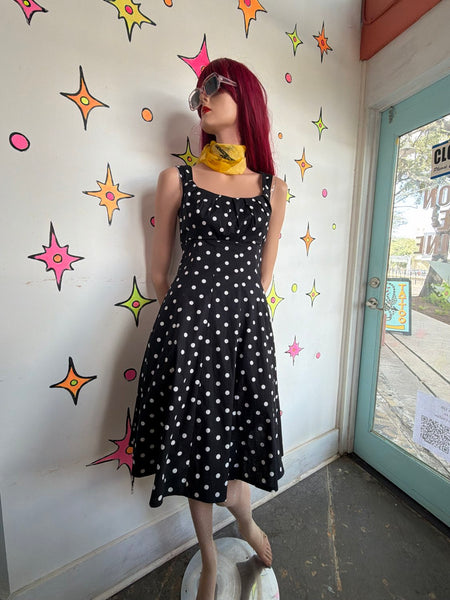 80s 90s Black & White Polka Dot Dress Retro 50s Rockabilly Pin Up Preppy Goth 8