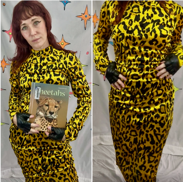 Vintage Y2K Yellow Crushed Velvet Leopard Dress Cyber Goth Vixen Glam Pin Up L