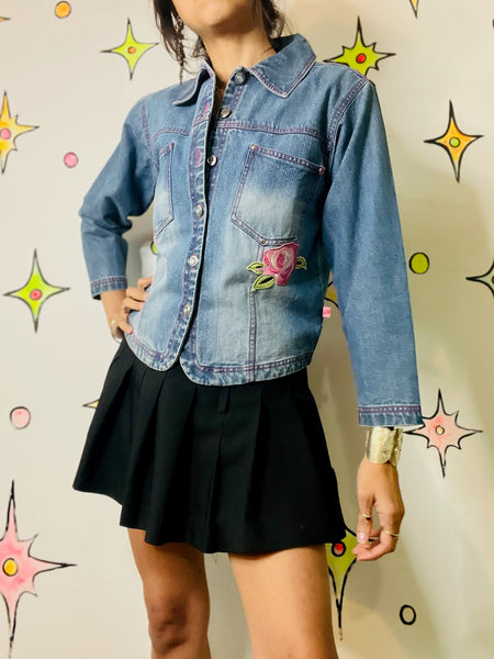 Vintage Y2K Embellished Denim Jean Jacket | ANGEL Roses Patches | Coquette | S