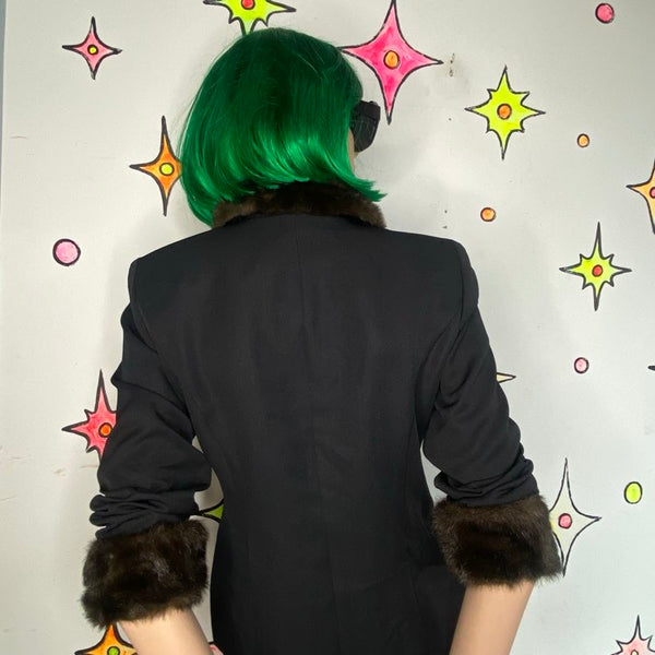 Vintage 90s Black Blazer Vegan Fur Trim Positive Attitude Office Siren Glam - M
