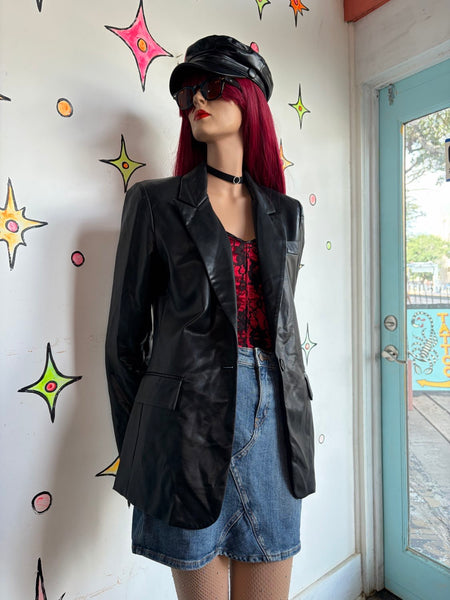 Vintage 90s Y2K Black Vegan Leather Blazer Jacket Mall Goth Grunge Minimalist S