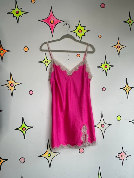 Vintage Victoria’s Secret Hot Pink Satin Slip Dress Lace Babydoll Lingerie – L