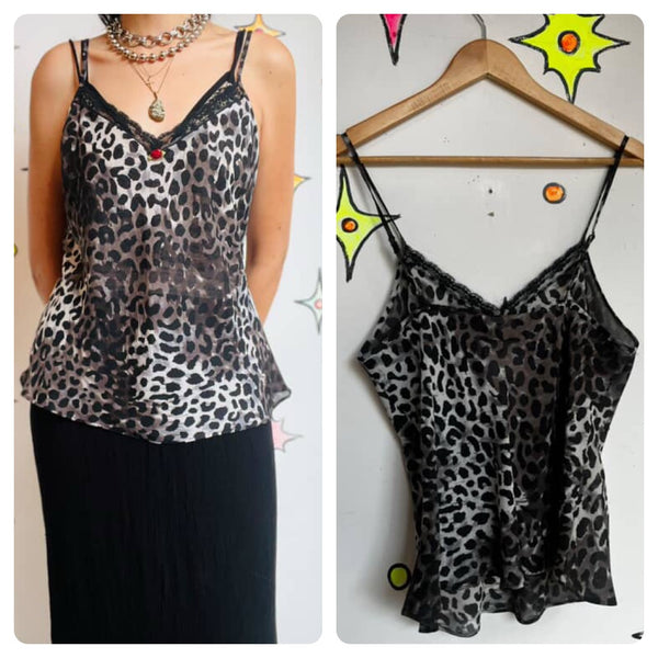 Y2K Black & Gray Sheer Leopard Lace Cami - Fairy Grunge Goth Babydoll Top