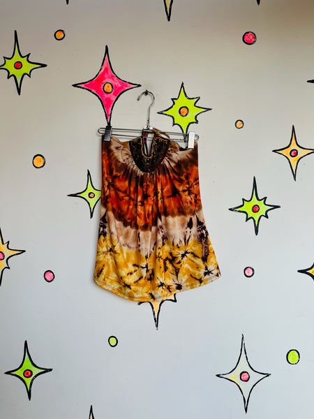 Y2K Orange Fairy Grunge Beaded Tie-Dye Halter Top – Vintage Boho Tee – XS/S