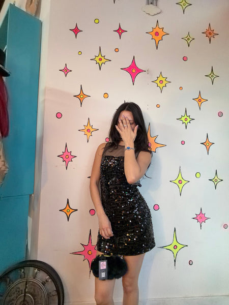 Black Beaded Mini Dress Sheer Cutout Cocktail Party Goth Glam Dress S