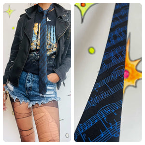 Dan Smith Retro Music Print Skinny Men's Neck Tie - Black & Blue Vintage Style