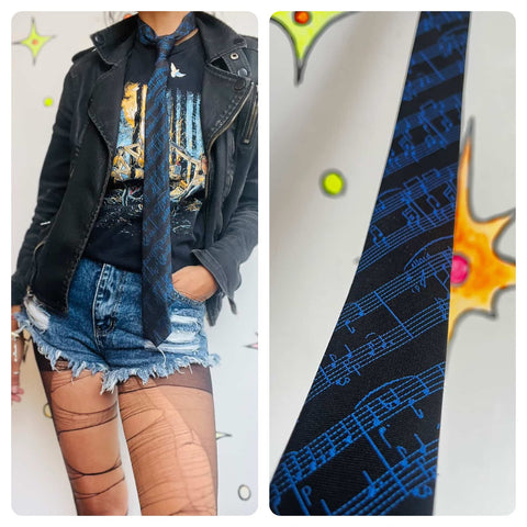 Dan Smith Retro Music Print Skinny Men's Neck Tie - Black & Blue Vintage Style