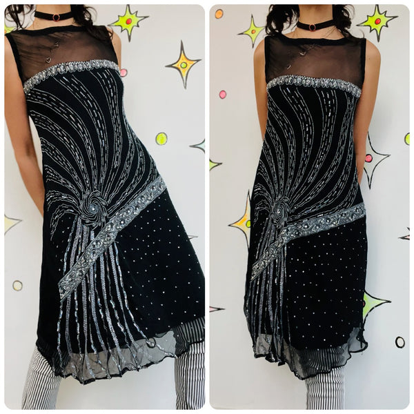 Vintage Y2K Black Sequin Flapper Sheer Dress - Fairy Grunge Whimsy Goth Party M