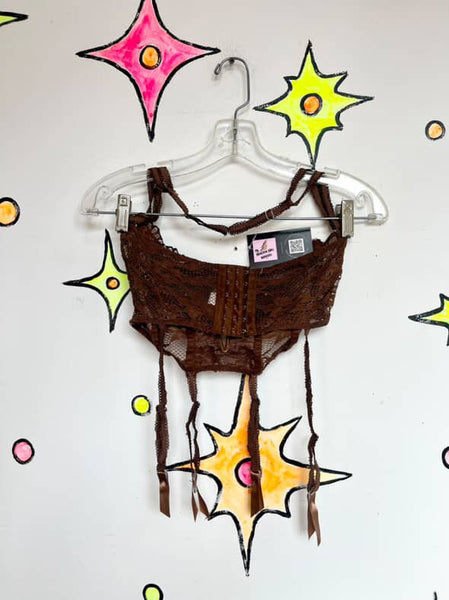 Vintage Y2K Chocolate Lace Cropped Cami | Babydoll Bustier Fairy Grunge Top | S