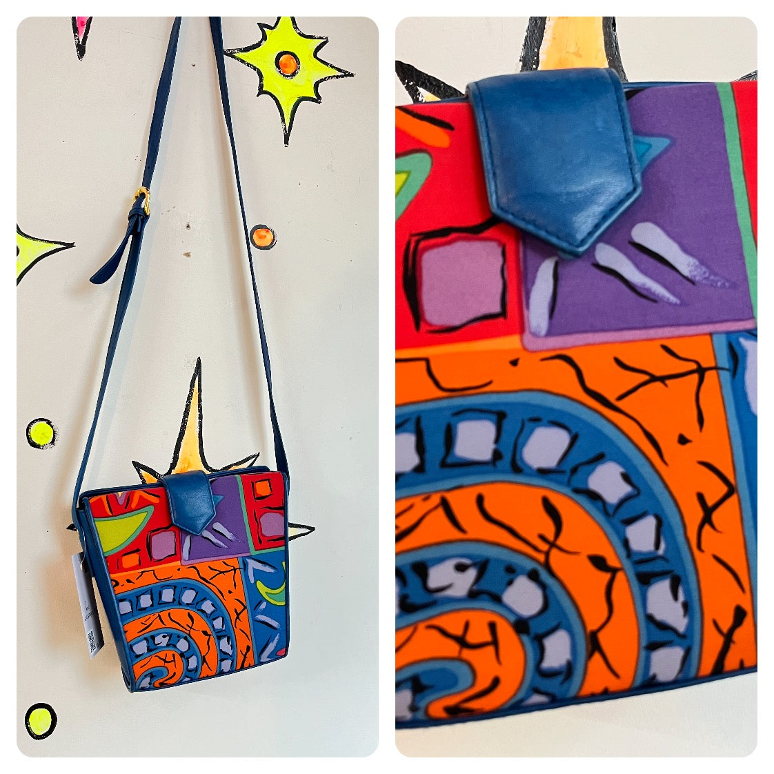 Vintage 80s 90s | Abstract Blue Leather Punk Wearable Art Bag Crossbody Purse