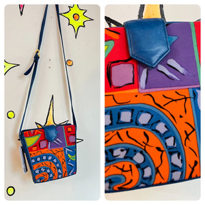 Vintage 80s 90s | Abstract Blue Leather Punk Wearable Art Bag Crossbody Purse