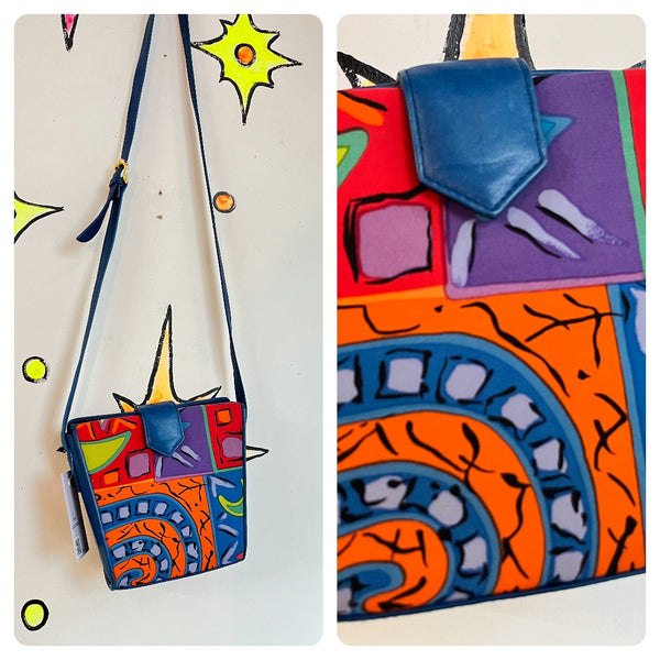 Vintage 80s 90s | Abstract Blue Leather Punk Wearable Art Bag Crossbody Purse