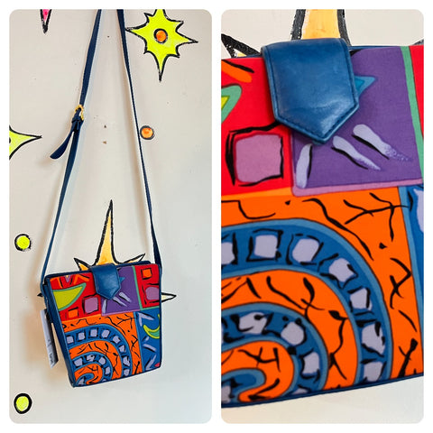 Vintage 80s 90s | Abstract Blue Leather Punk Wearable Art Bag Crossbody Purse