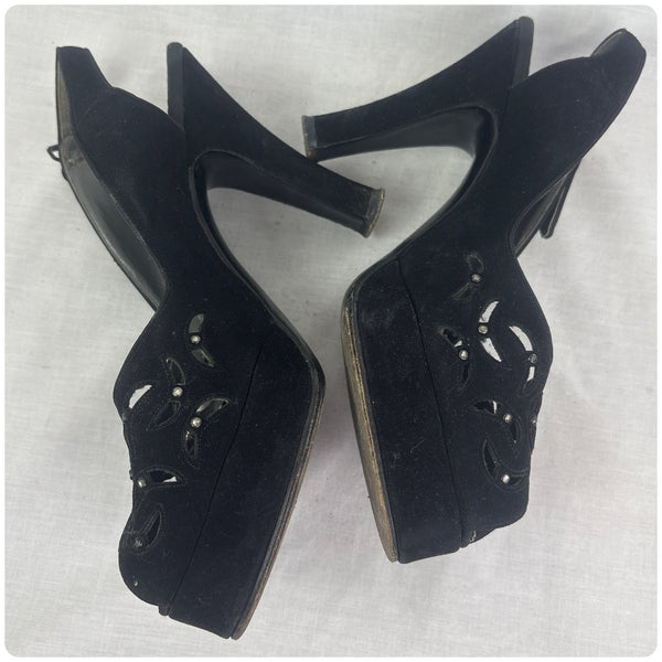 1940s Black Peep Toe Sling Back Suede Platform Pumps - Cha Cha Heels - 6 -6.5