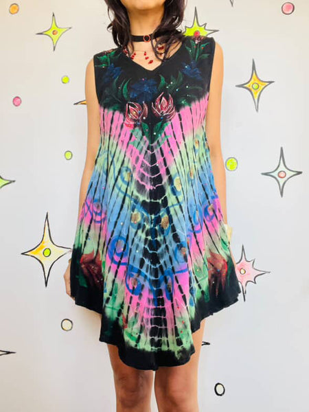 Vintage Black & Rainbow Grunge Fairy Boho Festival Mini Dress | Size M/L