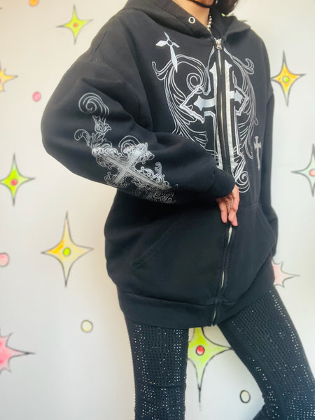 Vintage Y2K Black Mall Goth Grunge Fairy Tattoo Print Romantic Cross Hoodie XL+