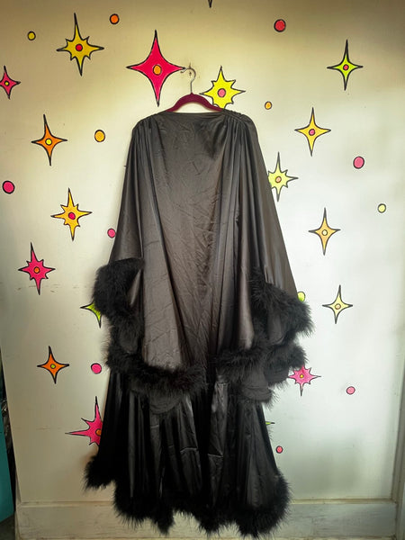 Black Feather Trim Decadent Robe Pin Up Boudoir Lingerie Old Hollywood Glam