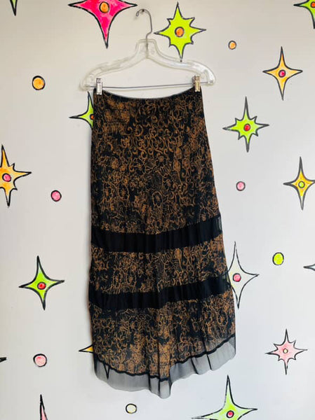 Vintage 90s Boho Whimsy Goth Tattoo Print Witchy Fairy Grunge High Low Skirt - 7