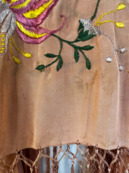 Antique Silk Piano Shawl Boho Art Decor Floral Embroidered Fringe Wrap