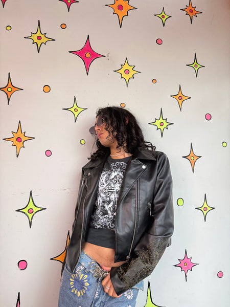 Disturbia Vegan Leather Jacket Goth Moto Biker Punk Grunge Embellished Coat M