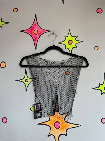 Y2K Rhinestone Chainmail Beaded Top - Black - One Size - Stretchy - Whimsy Goth
