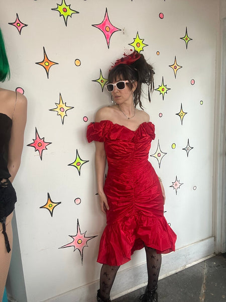 Vintage 80s Shiny Red Poofy Party Dress Prom Wild Glam New Wave Formal M