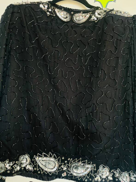 Vintage 80s Black & Silver Sequin Beaded Pirate Glam Rock Party Jacket Size S
