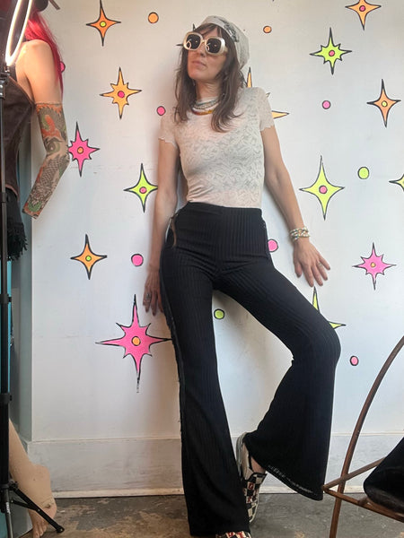 Black Fringe Flare Pants | Western Goth Festival Bell Bottom Leggings XS
