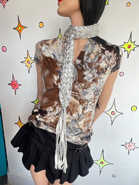Y2K Metallic Silver Fringe Belt Western Glam Boho Disco Statement Sash / Scarf
