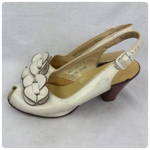 Vintage 1940s White Leather Peep Toe Slingback Heels – Pin-Up Cha Cha Style – 6