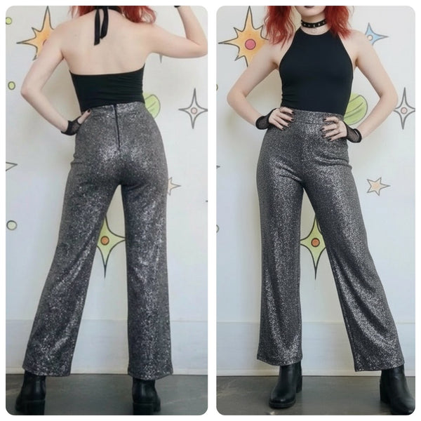 Retro 90s does 70s Silver Glitter Disco Pants High Rise Stretch Flares S