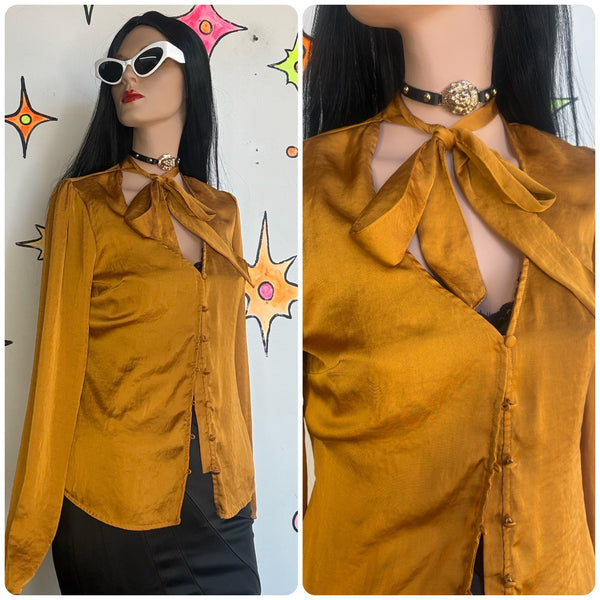 Vintage Y2K Mustard Satin Secretary Blouse Bow Neck Top Retro 70s Office Chic S