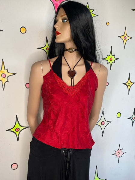 Vintage Silk Red Rose Lace Cami | Vamp Glam Romantic Goth Slip Top – L