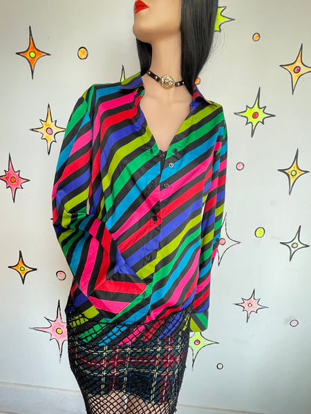 Rainbow Striped Button Up Shirt – Rainbowcore Fairy Grunge Boho Pride Top L/XL