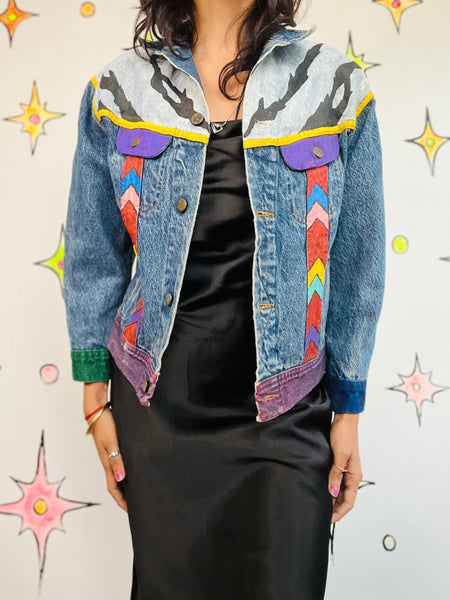 Vintage 80s 90s LEE Denim DIY Hand Painted Boho Grunge Jean Jacket S-M