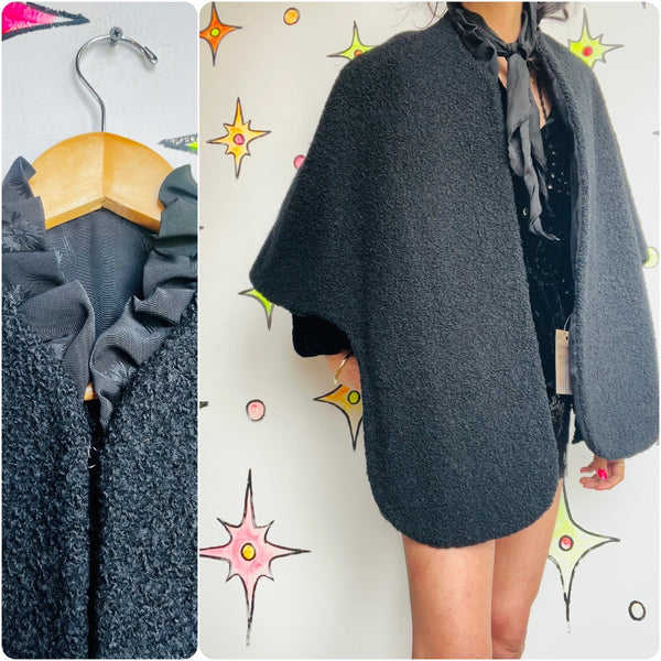 Vintage 50s 60s | Black Satin Lined Persian Lambswool Curly Fur Cape Coat