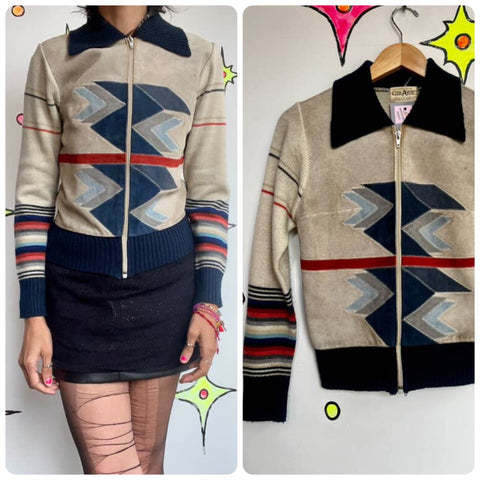 1970s COLLAGE MAN Southwestern Aztec Suede Panel Big Collar Track Jacket | S