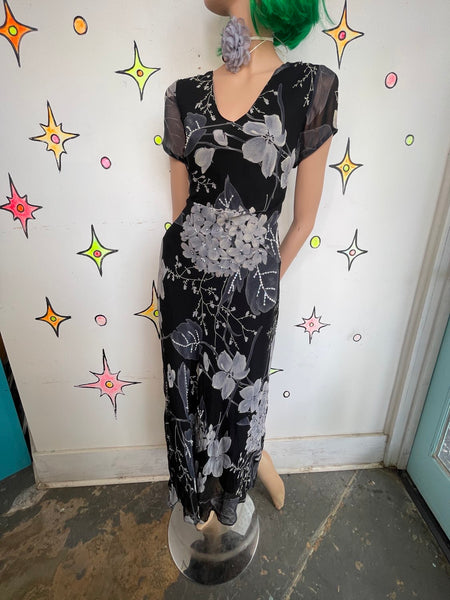 Vintage 90s Y2K Black Whimsy Goth Fairy Grunge Patchwork Floral Maxi Dress - L